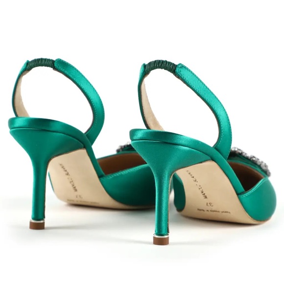MANOLO BLAHNIK Hangisli Green Satin Jewel Buckle Slingback Pumps - Picture 7 of 12